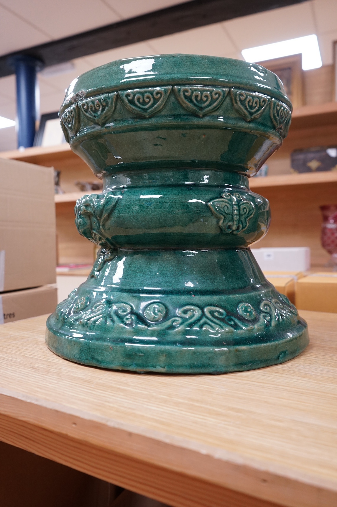 Two Chinese ceramic turquoise glazed garden seats, largest 41cm high. Condition - fair